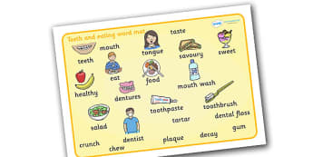 Teeth And Eating Word Mat - teeth, eat, mouth, tongue, eating, tooth, toothpaste, mouthwash, toothbrush, word mat, mat, writing aid, dental, dentures, dental floss, dentist, sweet, savoury, healty, food, use your toothbrush, taste, brushing your teet