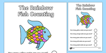 Themed Scales Counting Worksheet to Support Teaching on Rainbow Fish - under the sea, the rainbow fish, rainbow fish, rainbow fish counting, rainbow fish numeracy, counting