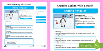 Skating Penguins Scratch Activity Sheet - worksheet, computing, programming, coding, algorithms, instructions, commands, Scratch