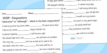 'Otherwise' or 'Although' Conjunctions Activity Sheet - worksheets, worksheet, work sheet, otherwise, although, otherwise or although, connectives worksheet, connectives, sheets, activity, writing frame, filling in, writing activity, KS2