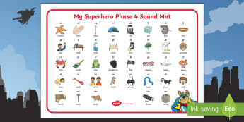 Superhero Themed Phase 4 Blends and Clusters Sound Mat - Superhero Themed Phase 5 Sound Mat - superheroes, phase five, mat, soundmat, read, write, phase5, ph