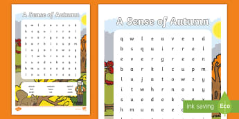 A Sense of Autumn Word Search - Exploring my world, seasons, Aistear, school trip, forest, blackberries, squirrels, leaves, bark, li