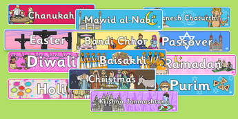 Religious Celebrations Display Banner Pack - religion, religions, cards, word cards, flashcards, wordcards, bible, Qur'an, Torah, Gita, Christianity, Islam, Judaism, Hinduism, Sikhism, Guru, Granth Sahib