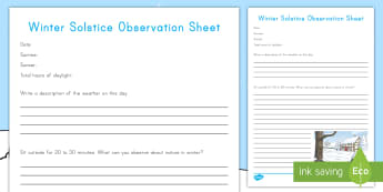 Winter Solstice Observation Activity Sheet - worksheet, seasons, Seasonal Changes, december, climate, weather, calendar, 
