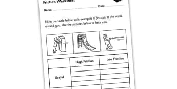 Friction Worksheet - friction, friction and resistance, high and low friction, how friction works, what friction does, useful friction, ks2 science, ks2
