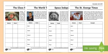 The Features of Newspapers Differentiated Activity Sheets - Neil Armstrong, writing, year 2, newspapers, reporting, features, features of news, types of text