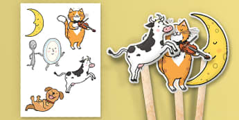 Hey Diddle Diddle Stick Puppets - Hey Diddle Diddle, nursery rhyme, stick puppet, rhyme, rhyming, nursery rhyme story, nursery rhymes, Hey Diddle Diddle resources, fiddle, cat