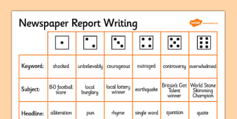 Newspaper Report Writing Dice Activity - writing aid, template