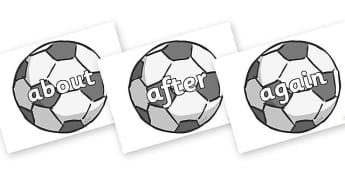KS1 Keywords on Footballs - KS1, CLL, Communication language and literacy, Display, Key words, high frequency words, foundation stage literacy, DfES Letters and Sounds, Letters and Sounds, spelling