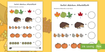 Herbst Addition Arbeitsblatt - Herbstlich, Mathe, Addieren, Jahreszeiten, Plus, zusammenzählen,,German