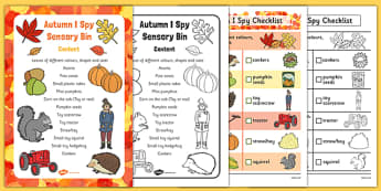 Autumn I Spy-Sensory Bin and Prompt Card Pack - touch, feel, share, think, discuss, talk, explain, write, group, small, independent, describe, find, 