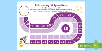 Subtracting 10 Race Activity Sheet  - subtraction, 10 less, y3 objective, 2 digit, two digit, number, game