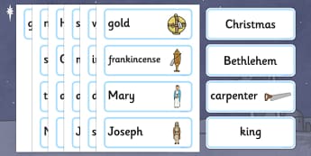 Nativity Topic Words -  Nativity, Christmas Story, xmas, word card, flashcards, Mary, Joseph, Jesus, shepherd, wise men, Herod, angel, donkey, stable, Gabriel, First Christmas,Inn, Star, God