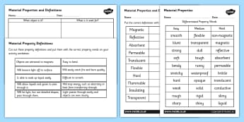 Material Properties and Definition Activity - materials, materials and their properties, material properties activity, materials worksheet, ks2 science