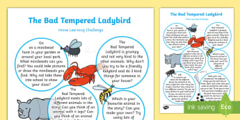   Home Learning Challenge Sheet Reception FS2 - EYFS, Eric Carle, The Bad-Tempered Ladybird, minibeasts, animals, size, time, home learning, reception, 