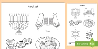 Hanukkah Words and Coloring Activity - Judaism, culture, holiday, jewish, festival of lights, miracle of the oil, maccabees, dreidel, synag