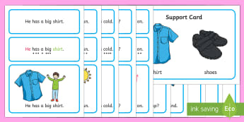Clothes Simple Sentence Cards - reading, sentences, eyfs, word cards, decoding, tricky words, sound button, phoneme, grapheme, phoni