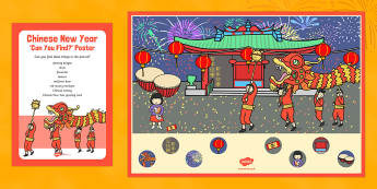 Chinese New Year Can You Find? Poster and Prompt Card Pack - Chinese New Year, EYFS, tradition, celebration, dragon, red envelope, Chinese lantern
