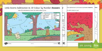 Little Acorns Subtraction Colour by Number - Little Acorns, Twinkl fiction, EYFS, KS1, Maths, subtraction, maths, calculations, acorn, oak tree, 