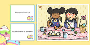 Egg Painting Scene and Question Cards - egg painting, Easter, questions, comprehension pack