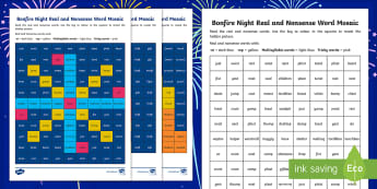 Bonfire Night Phase 4 Phonics Mosaic Activity Sheets - Guy Fawkes, Bonfire, Fireworks, Sparklers, Decode, worksheet