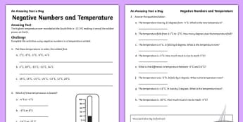 Negative Numbers and Temperature Activity Sheet, worksheet