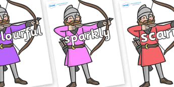 Wow Words on Archers - Wow words, adjectives, VCOP, describing, Wow, display, poster, wow display, tasty, scary, ugly, beautiful, colourful sharp, bouncy