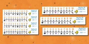 Number Line 0-10 (Halloween) - Number Lines 0-10, Counting, 0, 10, Numberline, Number line, Counting on, Counting back, Foundation Numeracy, Halloween, pumpkin , witch, bat, scary, black cat, mummy, grave stone, cauldron, broomstick, haunted house, p