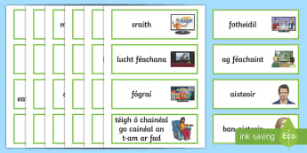 Television Vocabulary Word Cards Gaeilge - television, teilifís, house, teach, mo theach, tV, gaeilge, téamaí, themes,Irish