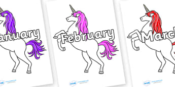 Months of the Year on Unicorn - Months of the Year, Months poster, Months display, display, poster, frieze, Months, month, January, February, March, April, May, June, July, August, September