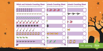 Witch and Animals Counting Sheet - room on the broom, counting sheet, counting, themed counting sheet, numbers, numeracy, maths, counting activities