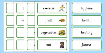 Health and Hygiene Word Cards - Good health, hygiene, behaviour management, word card, flashcards, eat fruit, walk to school, vegetables, exercise, brush teeth, wash hands, drink water