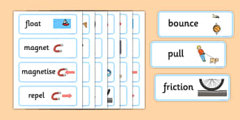 Forces and Motion Word Cards - Force, word card, card, flashcards, Movement, display, banner, sign, force, forces, gravity, push, pull, Magnet, friction, science, knowledge and understanding of the world