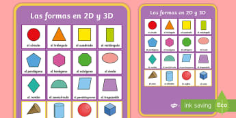 2D and 3D Shapes Display Poster - Spanish, KS2, vocabulary, shapes, 2D, 3D, display, poster, numeracy, maths, classroom, decoration