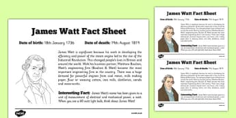 Scottish Significant Individuals James Watt Fact Sheet - CfE, significant individuals, engineering, steam engine, horsepower, watt, science, inventions, inventor, curriculum, excellence