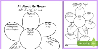All About Me Flower Writing Template Urdu - urdu, Ourselves, All about me, family, Ks1, Y1, Year 1, EYFS, Reception, Growing, growth, flower, plant, petal