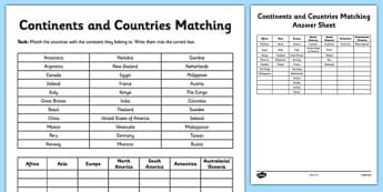 Continents and Countries Matching Activity Sheet - continents, matching, countries, activity, sheet, worksheet