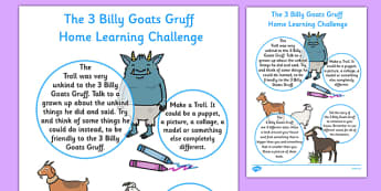 The Three Billy Goats Gruff Home Learning Challenge Sheet Nursery FS1 - EYFS planning, early years planning, homework, traditional tales