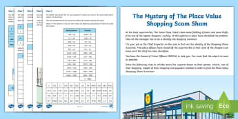 UKS2 The Mystery of the Place Value Shopping Scam Sham Maths Game - place value, columns, money, weight, multiply by 10 and 100, x100, x10, decimal place, decimal point