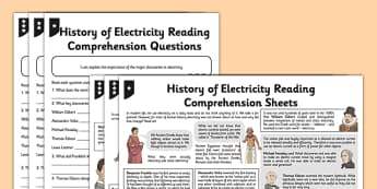 History of Electricity Differentiated Reading Comprehension Activity - electricity, voltage, current, scientists, history