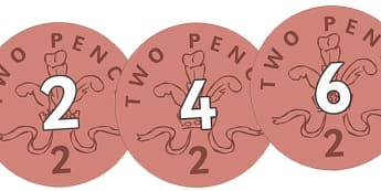 Counting in 2s on 2ps - Counting, coin, money, numberline, Number line, Counting on, Counting back, counting in 2s, coins, currency, pound, pence, foundation numeracy, pay, shop