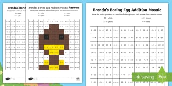 Brenda's Boring Egg Maths Addition Mosaic Activity Sheet - twinkl originals, fiction, KS1, Adding, Mental recall, Calculating, calculation, worksheet
