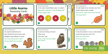 Little Acorns Year 1 Reasoning Skills Differentiated Maths Challenge Cards - twinkl originals, fiction, KS1, year one, challenges, acorn, oak tree, autumn, seasons, growing, pro