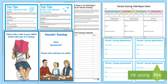 Parents' Evening Resource Pack - parents evening report sheet, parents evening notes sheet, parents evening timetable, parents evenin