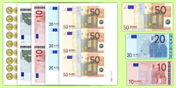 Euro Money Cut Outs - euros, money cut outs, pretend money, fake money, euro money cut outs, euro role play money, euro coins, euro notes, role play money