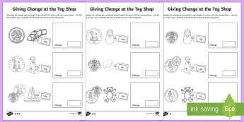 KS1 Maths Giving Change at the Toy Shop Activity Sheets - Money, Maths, Numeracy, Coins, Key Stage One, KS1, Year 1, Year 2, Key Stage 1, Change, Giving Chang