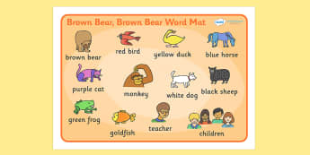 Word Mat (Images) to Support Teaching on Brown Bear, Brown Bear - Brown Bear, Brown Bear, Bill Martin,  red bird, yellow duck, blue horse, green frog, purple cat, colours, animals, animal names, story, story book, story book resources, story sequenci