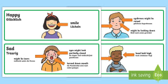 Emotions Characteristics Cards English/German - feelings, feel, expression, EAL, German, English-German,,German-translation