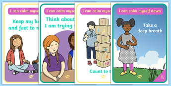 I Can Calm Myself Down Display Posters - SEN, Calm, behaviour management, autism, autistic, calming strategies, think what I am saying, count to 10, deep breath, good hands and feet