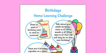 Birthdays Home Learning Challenges Nursery FS1 - EYFS planning, early years planning, homework, celebrations